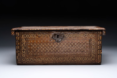 A Hispano-Moresque bone-inlaid wooden chest, Spain, 16/17th C.