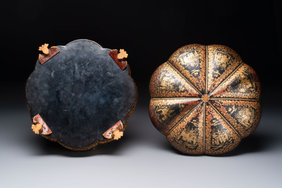 A Chinese Canton gilt-lacquered box and cover, incl. mother-of-pearl accessories, 19th C.