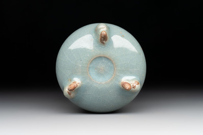 A small Chinese blue-glazed 'jun' tripod censer, Jin/Yuan