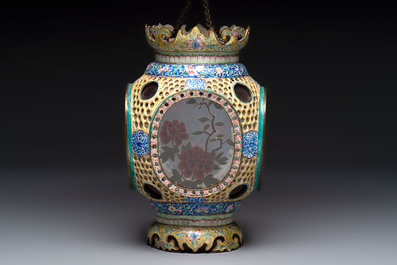 A very rare pair of Chinese Canton enamel lanterns with reverse painted glass panels, Qianlong