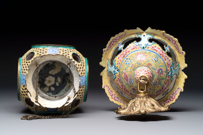 A very rare pair of Chinese Canton enamel lanterns with reverse painted glass panels, Qianlong