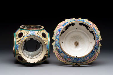 A very rare pair of Chinese Canton enamel lanterns with reverse painted glass panels, Qianlong