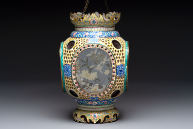 A very rare pair of Chinese Canton enamel lanterns with reverse painted glass panels, Qianlong