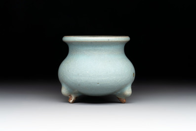 A small Chinese blue-glazed 'jun' tripod censer, Jin/Yuan