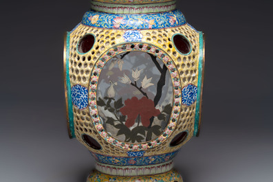 A very rare pair of Chinese Canton enamel lanterns with reverse painted glass panels, Qianlong