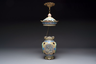A very rare pair of Chinese Canton enamel lanterns with reverse painted glass panels, Qianlong