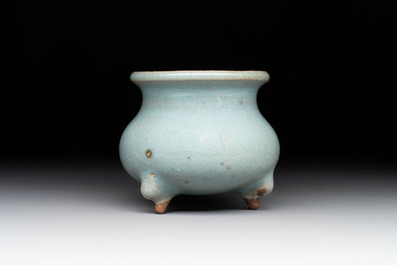 A small Chinese blue-glazed 'jun' tripod censer, Jin/Yuan