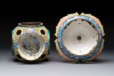 A very rare pair of Chinese Canton enamel lanterns with reverse painted glass panels, Qianlong