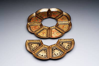 A Chinese Canton gilt-lacquered box and cover, incl. mother-of-pearl accessories, 19th C.