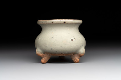 A small Chinese green-glazed 'jun' tripod censer, Hebi, Song/Yuan
