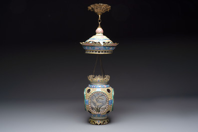 A very rare pair of Chinese Canton enamel lanterns with reverse painted glass panels, Qianlong