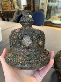 A massive Tibetan stone-inlaid copper filigree ewer and cover, 19/20th C.