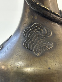 A pair of Chinese or Vietnamese gold-splashed bronze garlic-mouth 'dragon' vases, with seal mark, 17/18th C.