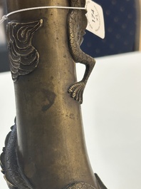 A pair of Chinese or Vietnamese gold-splashed bronze garlic-mouth 'dragon' vases, with seal mark, 17/18th C.