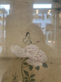 Chinese school: 'Four works with birds and insects near blossoming branches', ink and colour on paper, Republic
