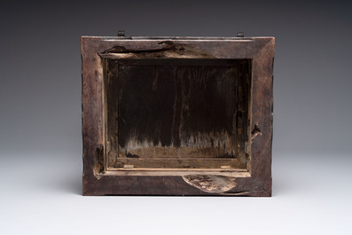 A Chinese hongmu house-form cabinet with antiquities design, 18/19th C.