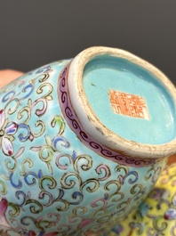 A Chinese famille rose conjoined vase with lotus scrolls, Qianlong mark, 19th C.