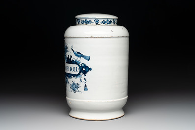 A rare large blue and white Dutch Delft albarello with original cover, 18th C.