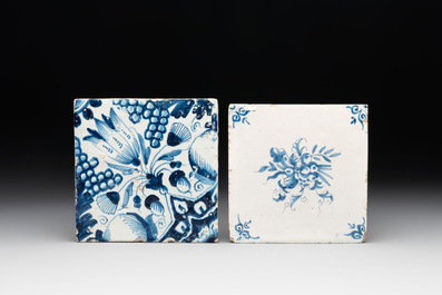 Five blue and white Dutch Delft tiles with floral design, 17th C.