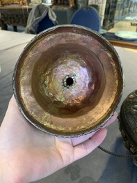A massive Tibetan stone-inlaid copper filigree ewer and cover, 19/20th C.