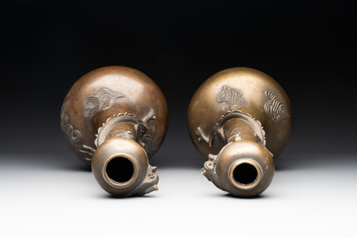 A pair of Chinese or Vietnamese gold-splashed bronze garlic-mouth 'dragon' vases, with seal mark, 17/18th C.