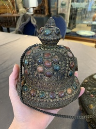 A massive Tibetan stone-inlaid copper filigree ewer and cover, 19/20th C.