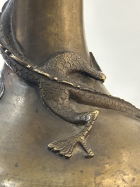 A pair of Chinese or Vietnamese gold-splashed bronze garlic-mouth 'dragon' vases, with seal mark, 17/18th C.