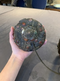 A massive Tibetan stone-inlaid copper filigree ewer and cover, 19/20th C.