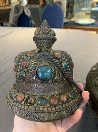 A massive Tibetan stone-inlaid copper filigree ewer and cover, 19/20th C.