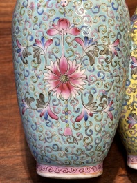 A Chinese famille rose conjoined vase with lotus scrolls, Qianlong mark, 19th C.