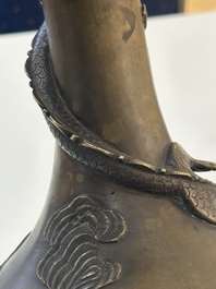 A pair of Chinese or Vietnamese gold-splashed bronze garlic-mouth 'dragon' vases, with seal mark, 17/18th C.