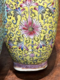 A Chinese famille rose conjoined vase with lotus scrolls, Qianlong mark, 19th C.