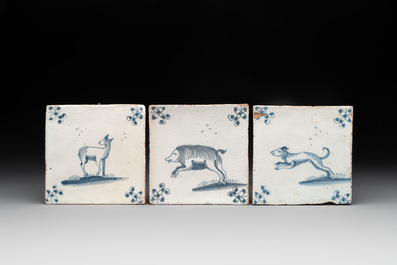 Six blue, white and polychrome Delftware tiles, The Netherlands/Germany, 17/18th C.