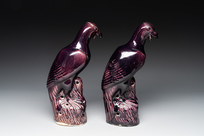 A pair of Chinese aubergine-glazed eagles, 19th C.