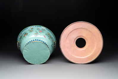 A large Chinese Canton enamel green-ground hot pot with floral design, 18th C.