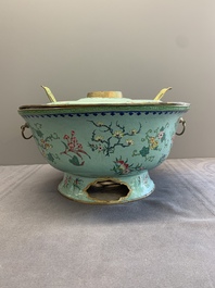 A large Chinese Canton enamel green-ground hot pot with floral design, 18th C.