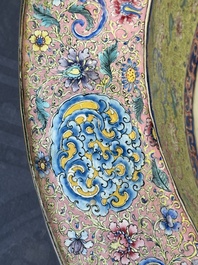 An exceptionally large Chinese Canton enamel basin with floral design, Yongzheng