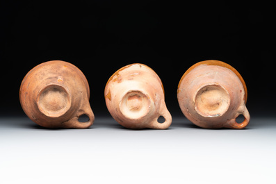 Nine pottery cooking vessels with partial glazing, Low Countries, 14/17th C.