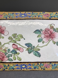 A large rectangular Chinese gold-yellow-ground Canton enamel plaque with fine floral design, Yongzheng
