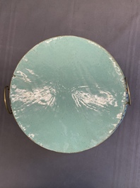 A large Chinese Canton enamel green-ground hot pot with floral design, 18th C.