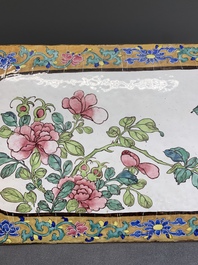 A large rectangular Chinese gold-yellow-ground Canton enamel plaque with fine floral design, Yongzheng