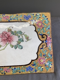 A large rectangular Chinese gold-yellow-ground Canton enamel plaque with fine floral design, Yongzheng