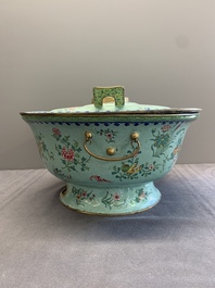 A large Chinese Canton enamel green-ground hot pot with floral design, 18th C.