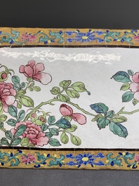 A large rectangular Chinese gold-yellow-ground Canton enamel plaque with fine floral design, Yongzheng