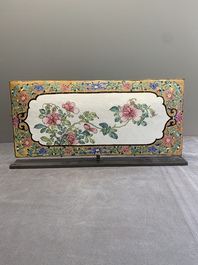 A large rectangular Chinese gold-yellow-ground Canton enamel plaque with fine floral design, Yongzheng