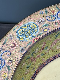 An exceptionally large Chinese Canton enamel basin with floral design, Yongzheng