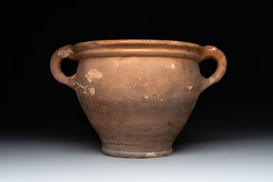 Nine pottery cooking vessels with partial glazing, Low Countries, 14/17th C.