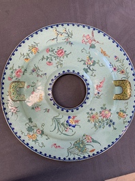 A large Chinese Canton enamel green-ground hot pot with floral design, 18th C.