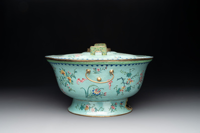 A large Chinese Canton enamel green-ground hot pot with floral design, 18th C.