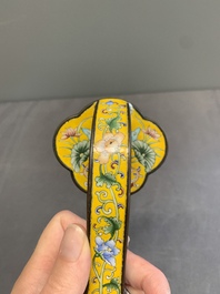 A Chinese Beijing enamel yellow-ground 'Bajixiang' ruyi sceptre, Qianlong mark, 19/20th C.